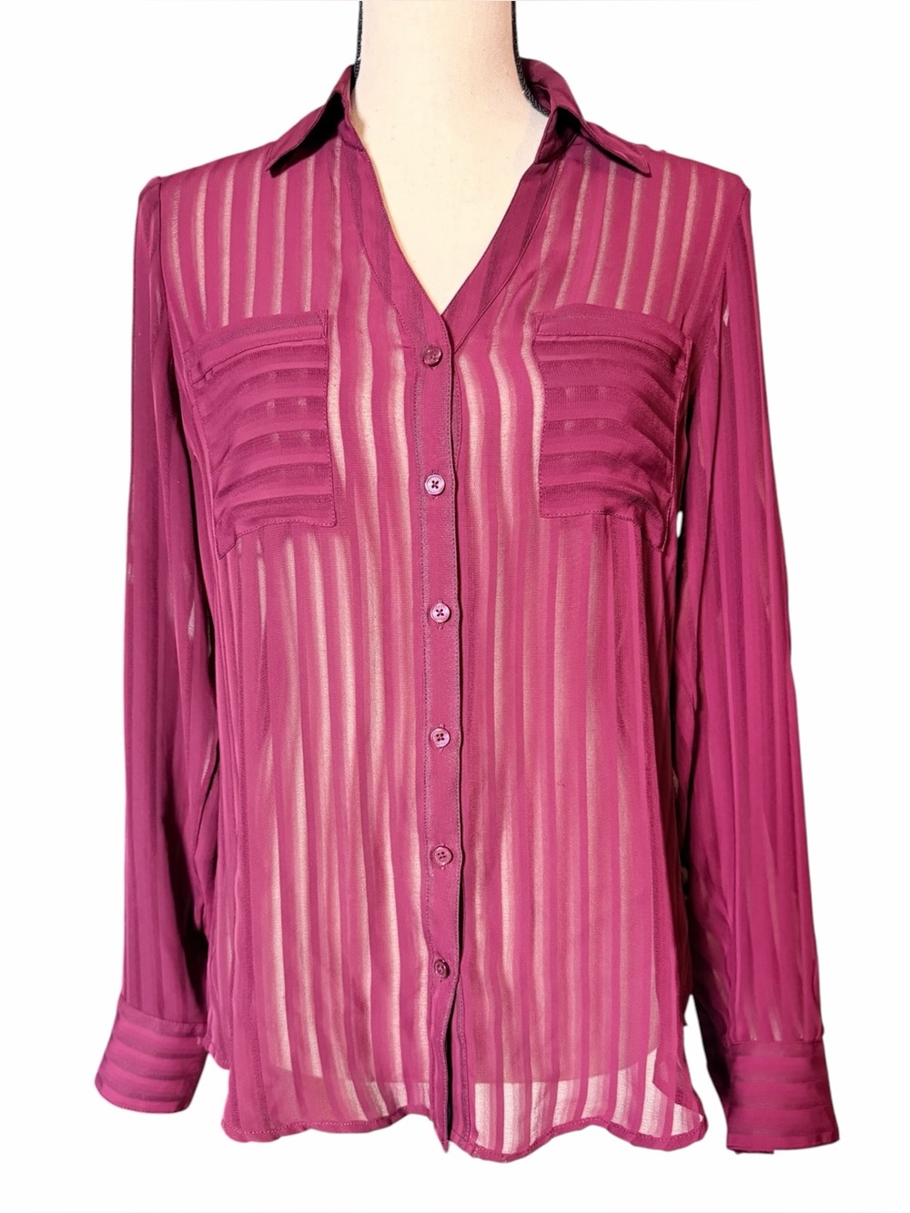Express Portofino Sheer Vertical Stripe Blouse Burgundy Plum Small Petite
